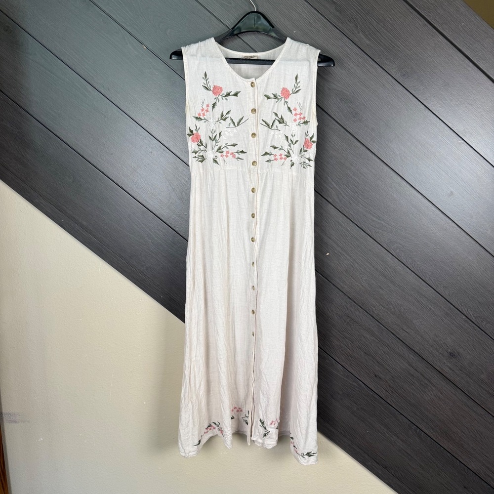 Magic Women's Linen Cotton Embroidered Floral Maxi Dress Small Cottagecore